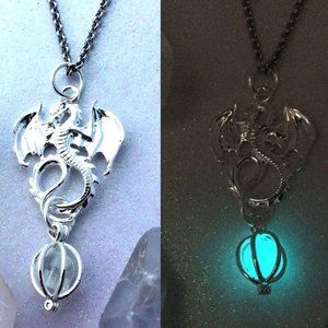 Flying Silver Dragon Glow in the dark necklace